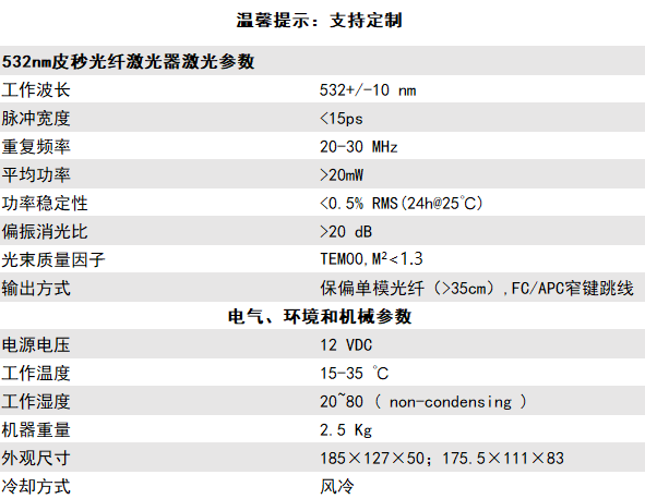 532nm皮秒光纤激光器 规格参数表